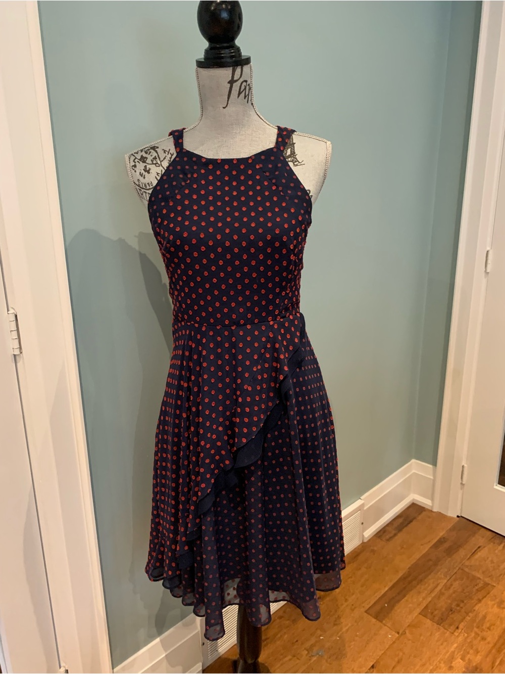 Eva Franco Navy Blue Dress with Red Polka Dots